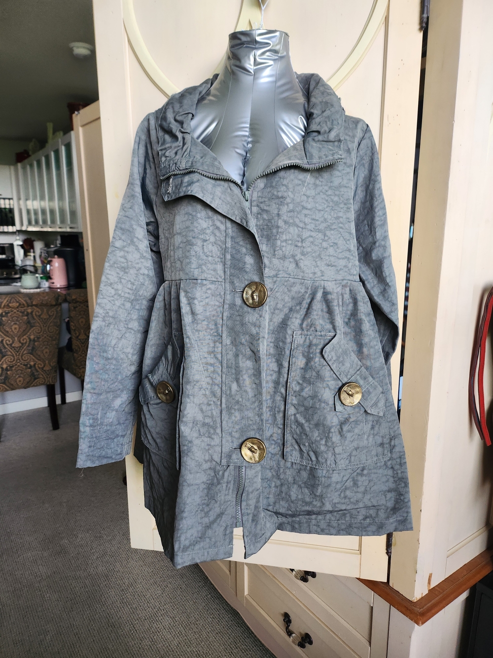 Women's Light Gray/ Light Green Hooded Utility Jacket with Oversized Buttons